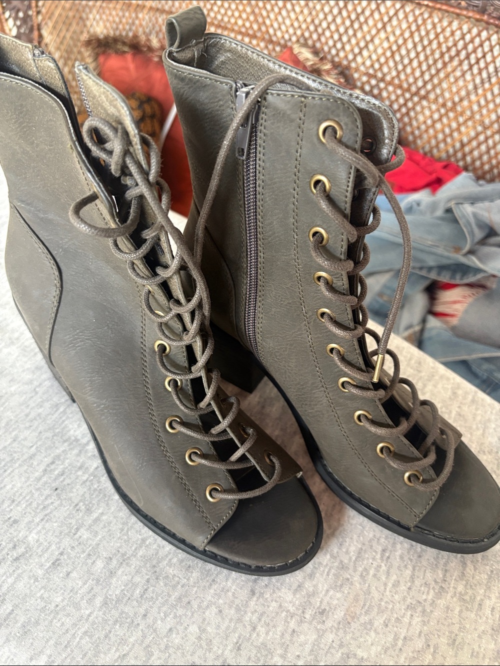 Forever 21 Olive Lace-Up Peep-Toe Heeled Ankle Boots